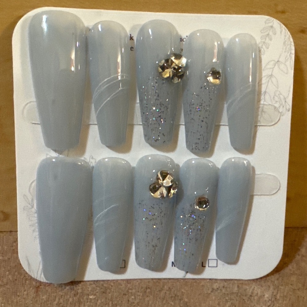 Dusty Blue Coffin Press On Nails Glitter Rhinestone Swirl Accents Long 10pc Set